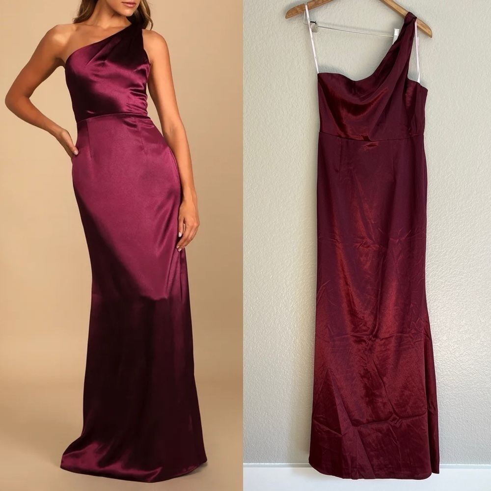 NWOT On the Guest List Burgundy Satin One-Shoulder Maxi Dress